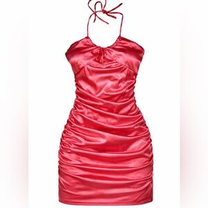 Lulus Coral Satin Ruched Dress